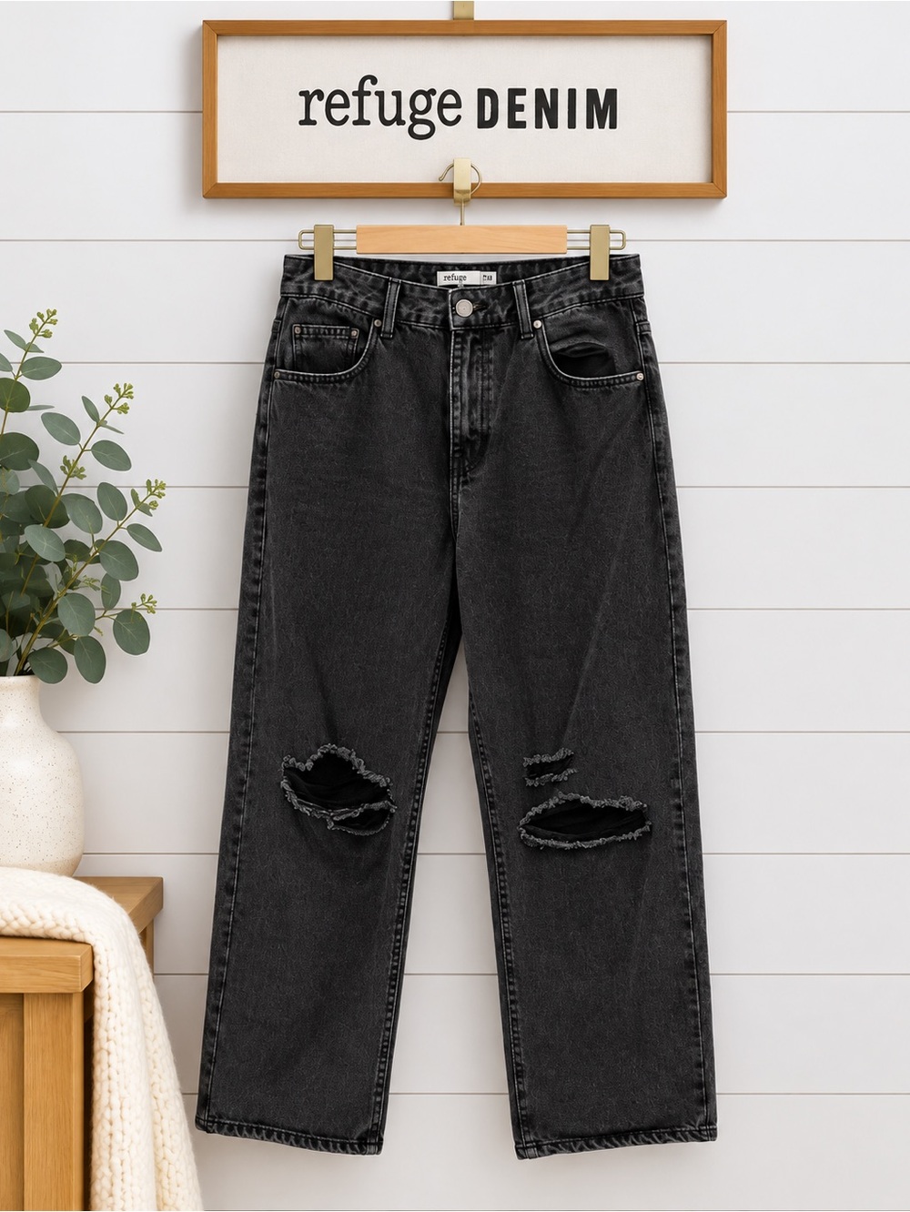 REFUGE Black Wide Leg Jeans High Waist Distressed Size 9